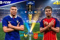 Ilustrasi pertandingan semifinal Piala Dunia 2026 antara Timnas Spanyol melawan Timnas Prancis yang memperebutkan tiket menuju babak final.