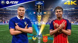 Ilustrasi pertandingan semifinal Piala Dunia 2026 antara Timnas Spanyol melawan Timnas Prancis yang memperebutkan tiket menuju babak final.