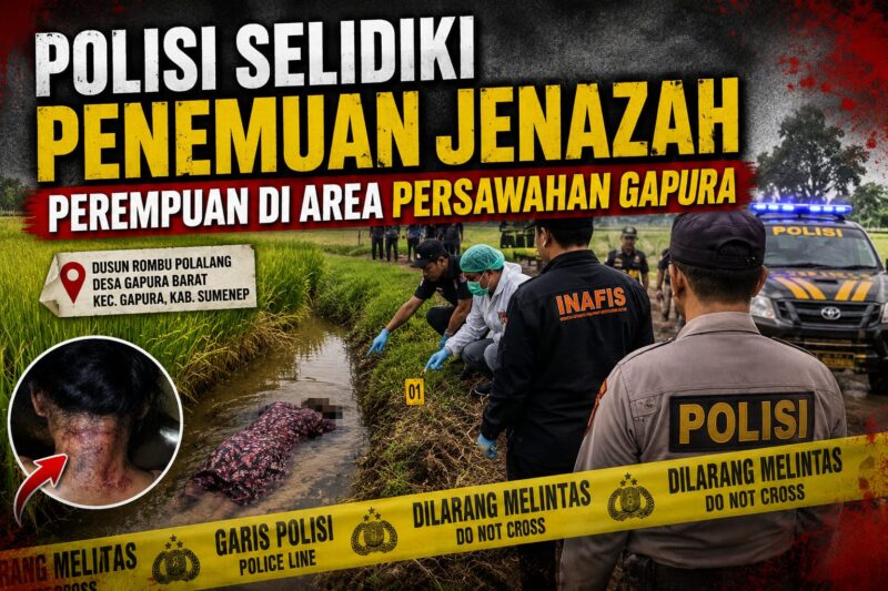 Mayat Buyani (45) ketika ditemukan diarea parit persawahan Dusun Rombu Polalang, Desa Gapura Barat, Kecamatan Gapura, Kabupaten Sumenep, Rabu (8/7/2026) sekitar pukul 06.00 WIB.