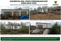 "Proses awal pembongkaran atap rumah milik Fatiha, warga Kecamatan Ambunten, penerima bantuan rehabilitasi rumah tidak layak huni (RTLH) dari BAZNAS Kabupaten Sumenep. Pembongkaran dilakukan secara gotong royong oleh warga dengan pendampingan seorang tukang untuk memastikan keamanan, mengingat kondisi bangunan yang sudah rapuh dan membahayakan."