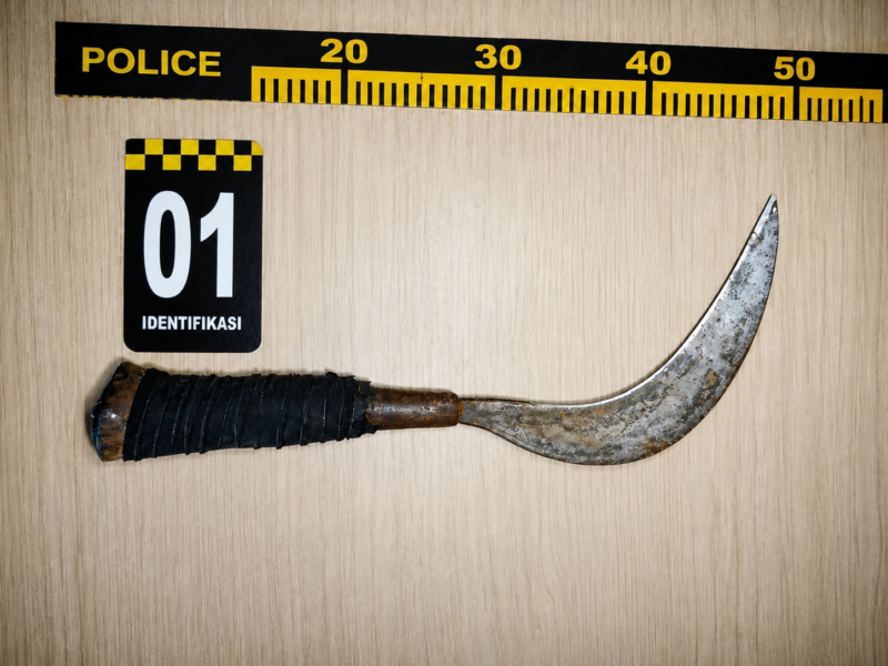 Polisi berhasil mengamankan barang bukti berupa senjata tajam yang digunakan pelaku dalam aksi penganiayaan