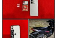 Barang bukti yang di amankan Satresnarkoba Polresta Sumenep .berupa paket sabu, bungkus rokok, telpon gemgam, dan sepeda motor