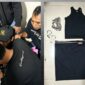 Kiri: Petugas mengamankan tersangka. Kanan: Barang bukti berupa pakaian, sarung, dan rantai yang disita terkait kasus tersebut.