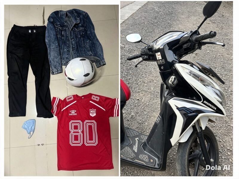 Barang bukti berupa pakaian helm dan sepeda motor Vario Techno yang digunakan tersangka saat melakukan perbuatan.