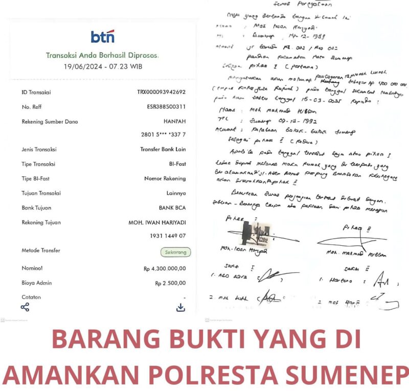 Kanan: Surat pernyataan yang ditandatangani tersangka menjadi salah satu barang bukti dalam perkara ini. Kiri: Bukti transaksi pembayaran yang juga diamankan penyidik. Foto: Dok. Polresta Sumenep / JatimEkspos.com